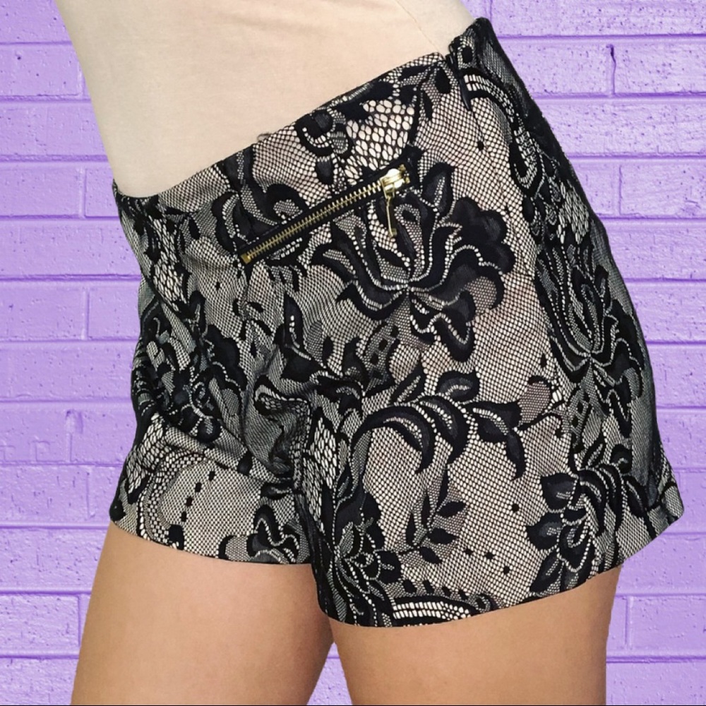 Black Lace Nude Gold Zipper Shorts